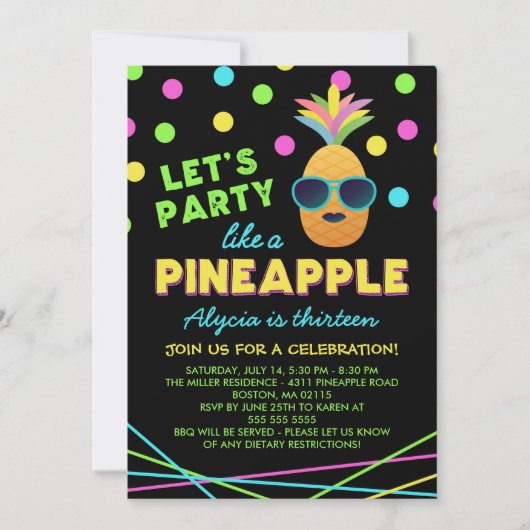 Neon Pineapple Birthday Party Kaart (Voorkant)