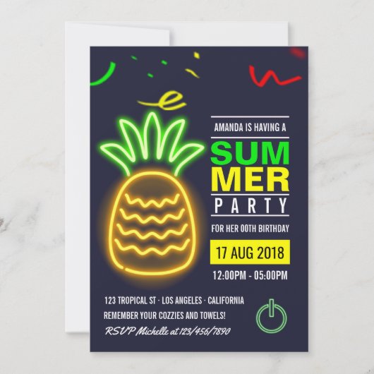 Neon Pineapple Summer Birthday Party Invitation Kaart (Voorkant)