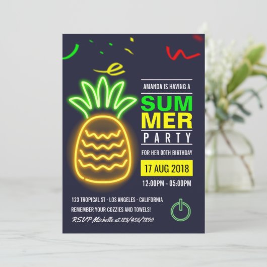 Neon Pineapple Summer Birthday Party Invitation Kaart (Staand voorkant)