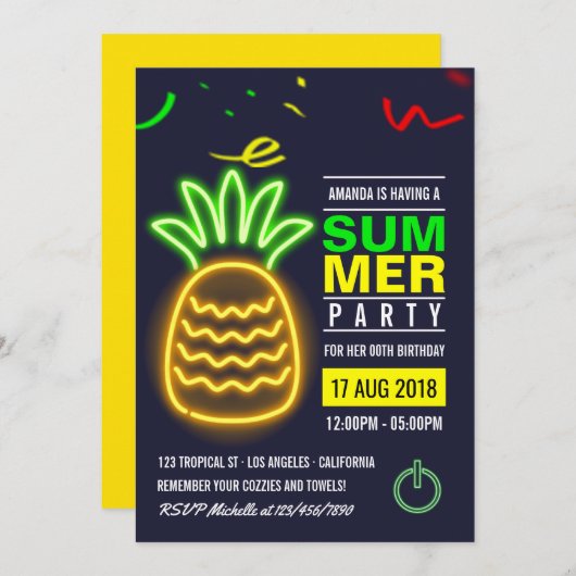 Neon Pineapple Summer Birthday Party Invitation Kaart (Voorkant / Achterkant)