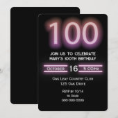 Neon Pink 100th Verjaardagsfeestuitnodiging Kaart (Voorkant / Achterkant)