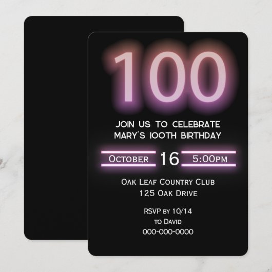 Neon Pink 100th Verjaardagsfeestuitnodiging Kaart (Voorkant / Achterkant)