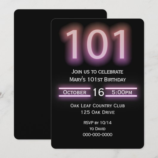 Neon Pink 101st Verjaardagsfeestuitnodiging Kaart (Voorkant / Achterkant)