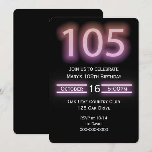 Neon Pink 105th Verjaardagsfeestuitnodiging Kaart (Voorkant / Achterkant)
