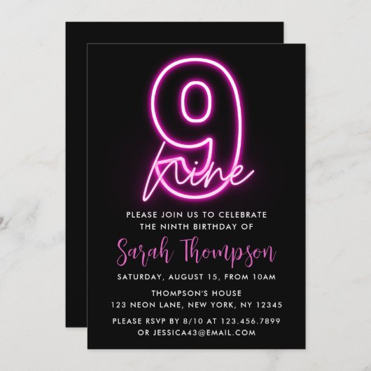 Neon Pink 10e verjaardag Uitnodiging (Voorkant / Achterkant)