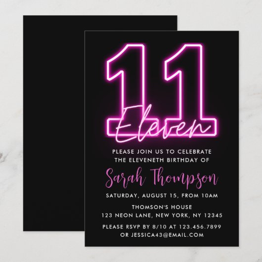 Neon Pink 11e verjaardag Uitnodiging (Voorkant / Achterkant)