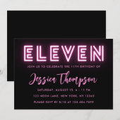 Neon Pink 11e verjaardag Uitnodiging (Voorkant / Achterkant)
