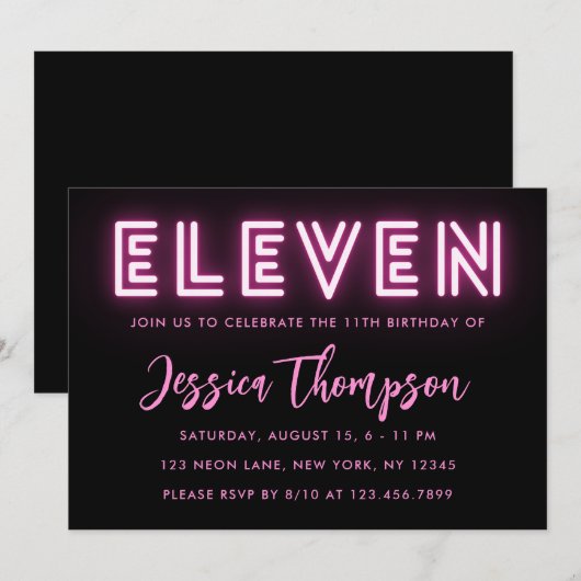 Neon Pink 11e verjaardag Uitnodiging (Voorkant / Achterkant)