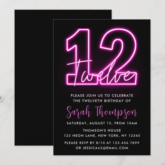 Neon Pink 12e verjaardag Uitnodiging (Voorkant / Achterkant)