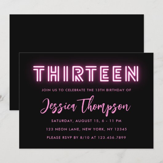 Neon Pink 13e verjaardag Uitnodiging (Voorkant / Achterkant)