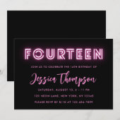 Neon Pink 14e verjaardag Uitnodiging (Voorkant / Achterkant)