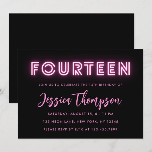 Neon Pink 14e verjaardag Uitnodiging (Voorkant / Achterkant)