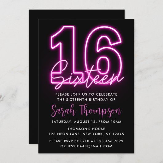 Neon Pink 16e verjaardag Uitnodiging (Voorkant / Achterkant)