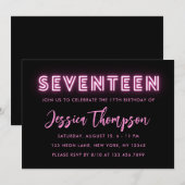 Neon Pink 17e verjaardag Uitnodiging (Voorkant / Achterkant)