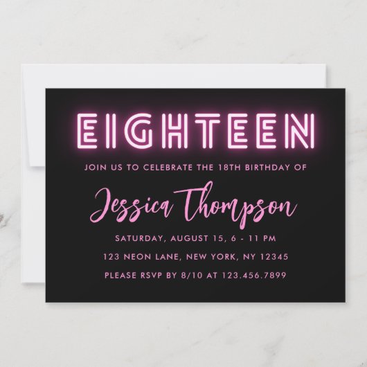 Neon Pink 18th Birthday Invitation Kaart (Voorkant)