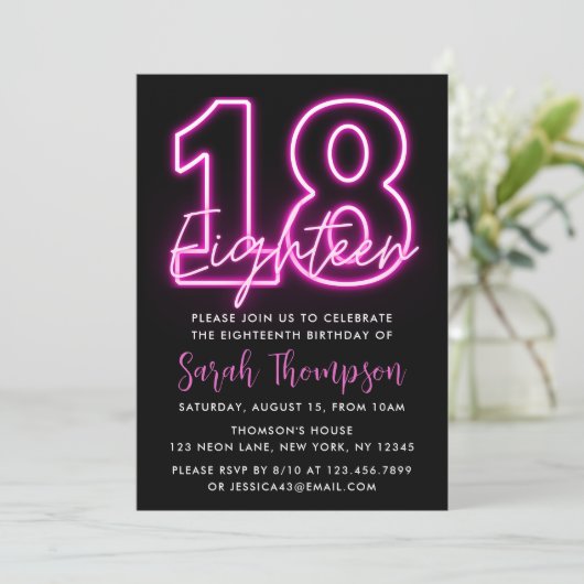 Neon Pink 18th Birthday Invitation Kaart (Staand voorkant)