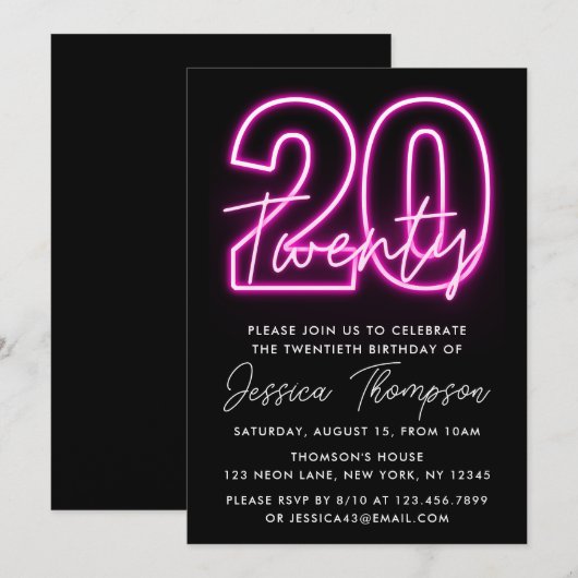 Neon Pink 20e verjaardag Uitnodiging (Voorkant / Achterkant)