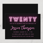 Neon Pink 20e verjaardag Uitnodiging (Voorkant / Achterkant)