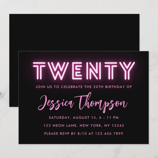 Neon Pink 20e verjaardag Uitnodiging (Voorkant / Achterkant)