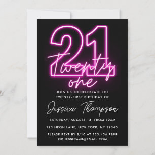 Neon Pink 21st Birthday Uitnodiging