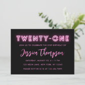 Neon Pink 21st Birthday Uitnodiging (Staand voorkant)