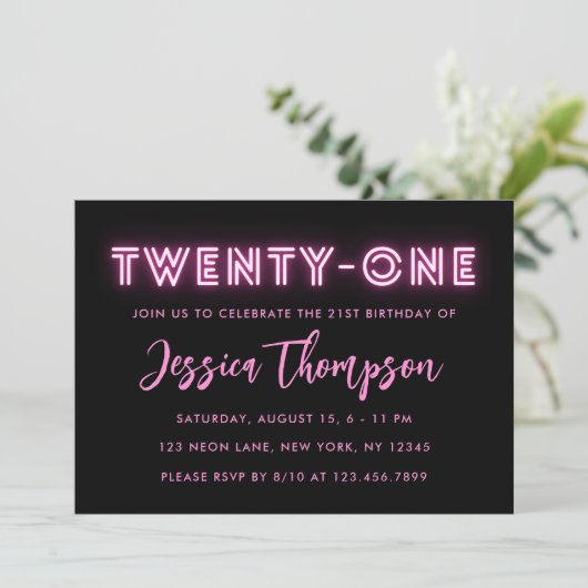 Neon Pink 21st Birthday Uitnodiging (Staand voorkant)