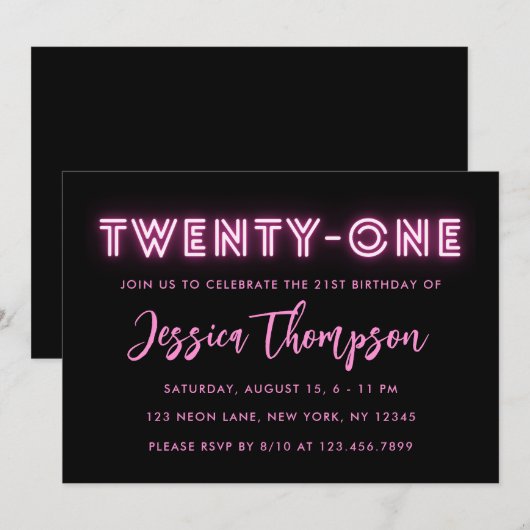 Neon Pink 21st Birthday Uitnodiging (Voorkant / Achterkant)