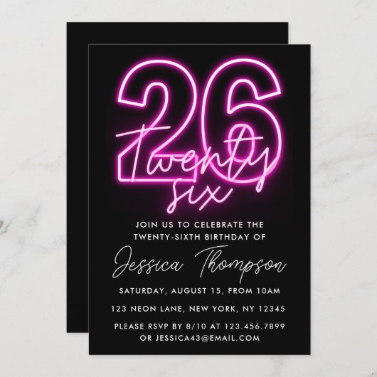 Neon Pink 26e verjaardag Uitnodiging (Voorkant / Achterkant)