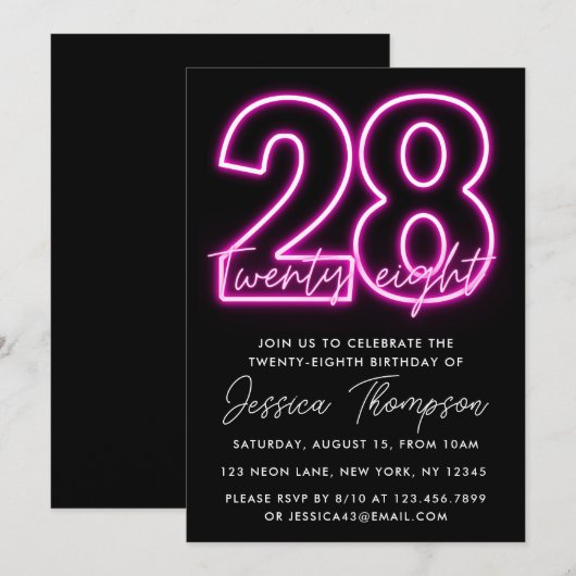 Neon Pink 28e verjaardag Uitnodiging (Voorkant / Achterkant)