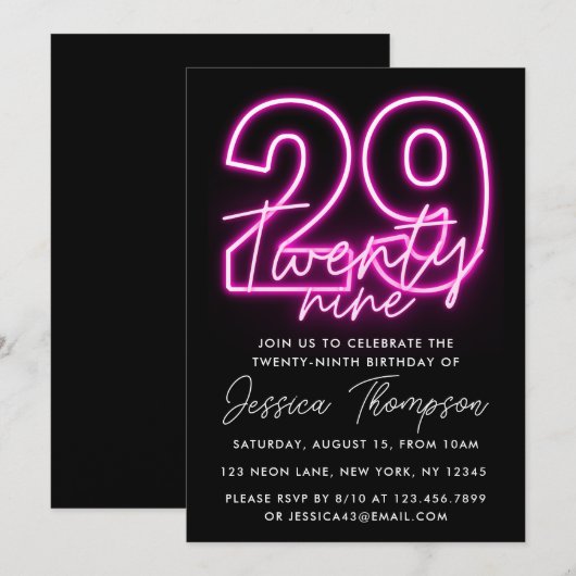 Neon Pink 29th Birthday Uitnodiging (Voorkant / Achterkant)