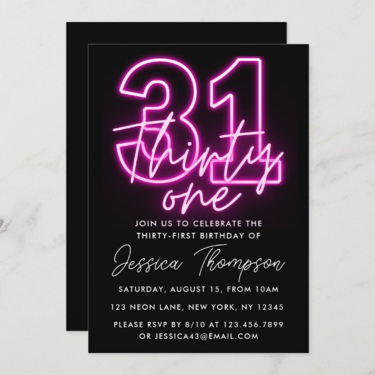 Neon Pink 31st Birthday Uitnodiging (Voorkant / Achterkant)