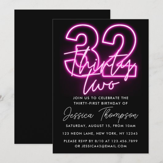 Neon Pink 32e verjaardag uitnodiging (Voorkant / Achterkant)