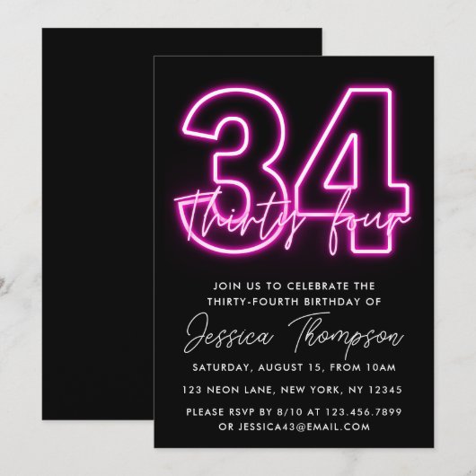 Neon Pink 34th Birthday Uitnodiging (Voorkant / Achterkant)