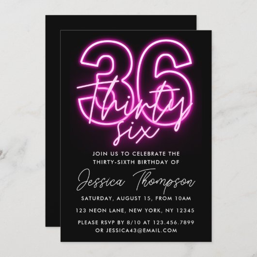 Neon Pink 36e verjaardag Uitnodiging (Voorkant / Achterkant)
