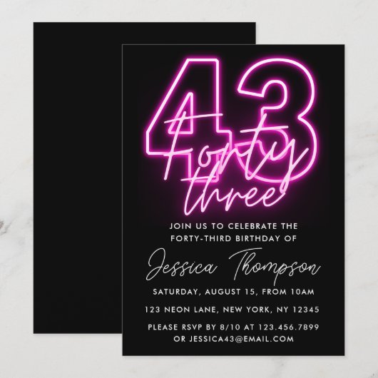 Neon Pink 43rd Birthday Kaart (Voorkant / Achterkant)