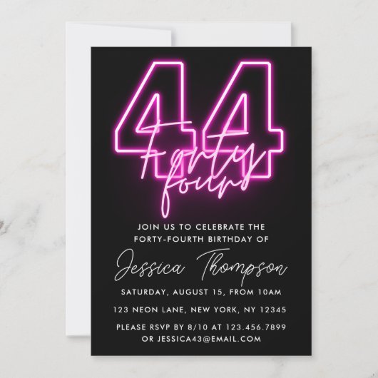 Neon Pink 44th Birthday Invitation Kaart (Voorkant)
