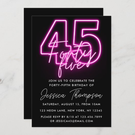 Neon Pink 45e verjaardag Uitnodiging (Voorkant / Achterkant)