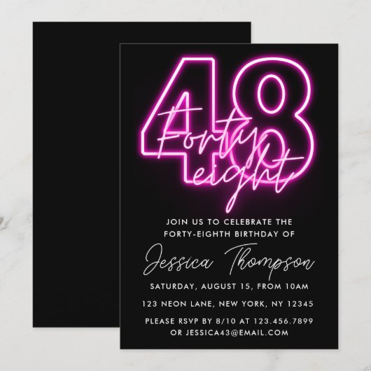 Neon Pink 48th Birthday Invitation Kaart (Voorkant / Achterkant)