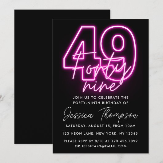 Neon Pink 49e verjaardag Uitnodiging (Voorkant / Achterkant)