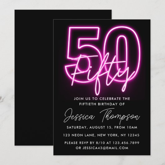 Neon Pink 50e verjaardag Uitnodiging (Voorkant / Achterkant)