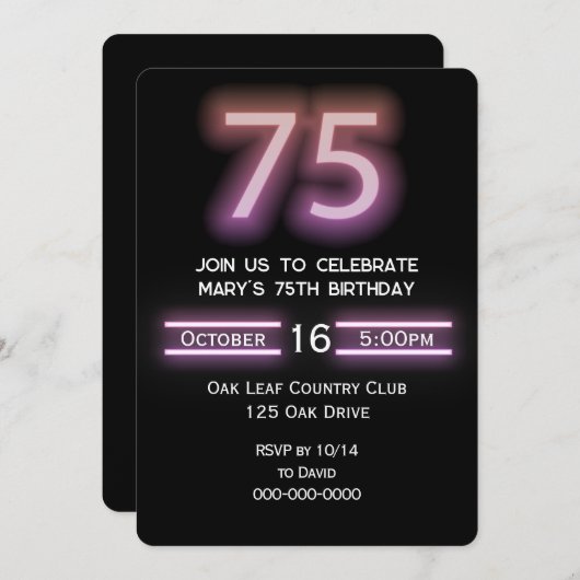 Neon Pink 75th Verjaardagsfeestuitnodiging Kaart (Voorkant / Achterkant)