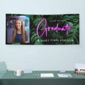 Neon Pink Afstuderen Tropische bladeren Foto banne Spandoek (Beurs)