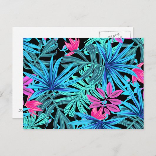 Neon Pink and Blue Tropical Plant Pattern Briefkaart (Voorkant / Achterkant)