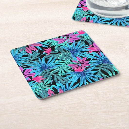 Neon Pink and Blue Tropical Plant Pattern Kartonnen Onderzetters (Schuin)