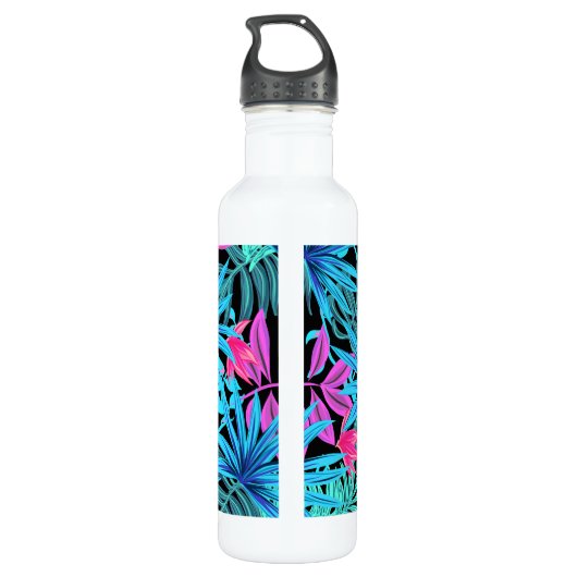 Neon Pink and Blue Tropical Plant Pattern Waterfles (Achterkant)