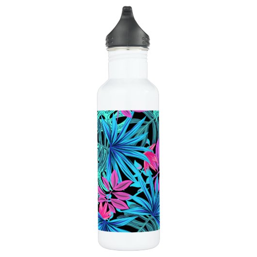 Neon Pink and Blue Tropical Plant Pattern Waterfles (Rechts)