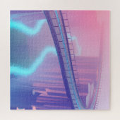 Neon pink and cobalt bridge arcs over a luminous c legpuzzel (Horizontaal)