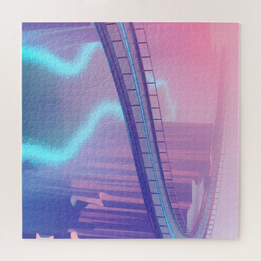 Neon pink and cobalt bridge arcs over a luminous c legpuzzel (Horizontaal)
