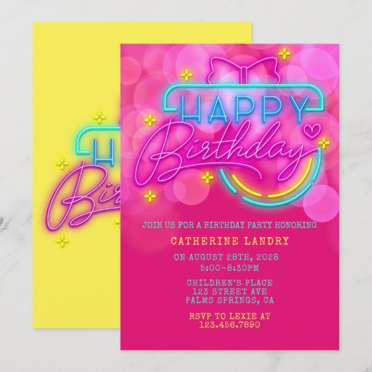 Neon Pink and Yellow Happy Birthday Party Kaart (Voorkant / Achterkant)