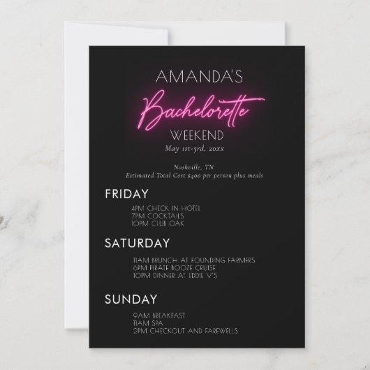 Neon Pink Bachelorette Weekend Itinerary Kaart (Voorkant)
